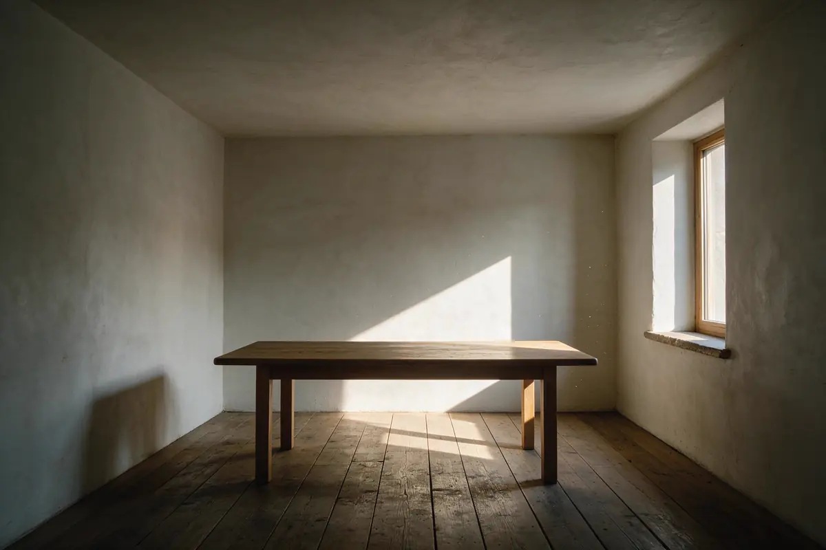 Leerer Gastraum mit langem Holztisch, ein harter Lichtstreifen fällt über den Boden bis an die Wand