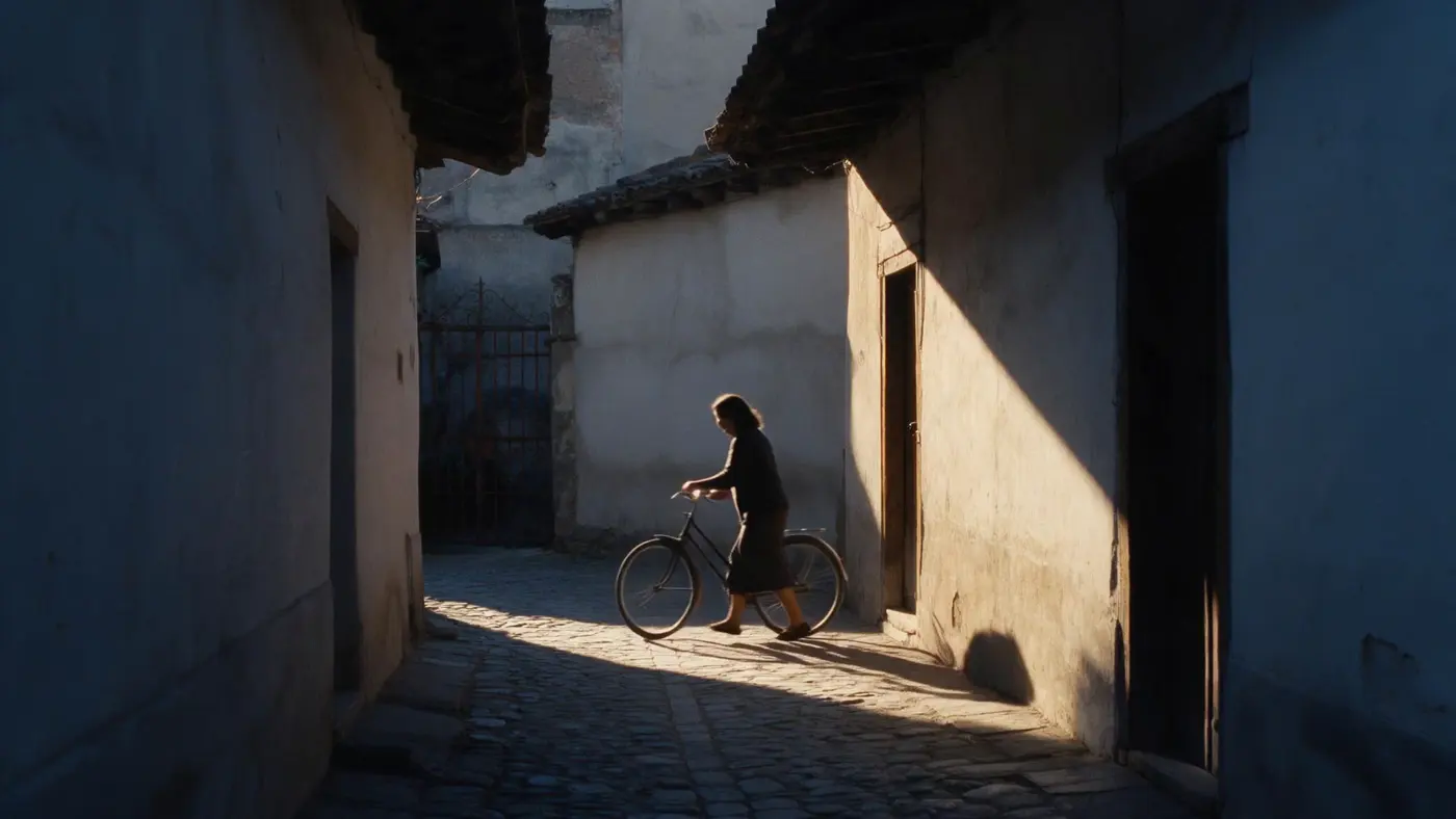 Dieselbe Gasse, jetzt mit einer Radfahrerin im Sonnenstreifen