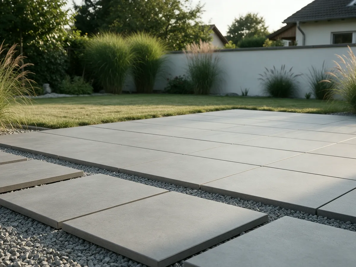 Terrasse aus großformatigen Keramikplatten, im Splittbett verlegt, dahinter Rasen und Gräser