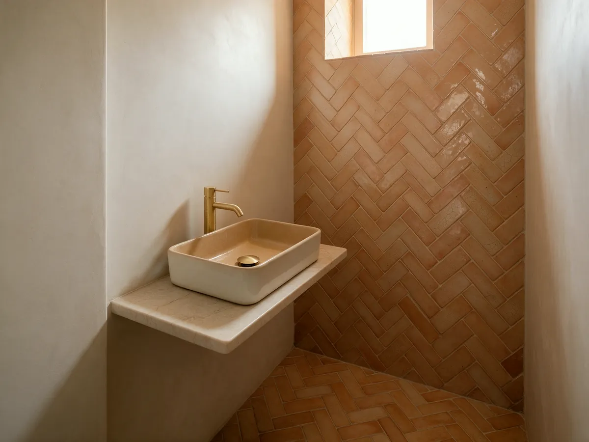 Gäste-WC mit terrakottafarbener Wand im Fischgrätverband und steinernem Waschtisch