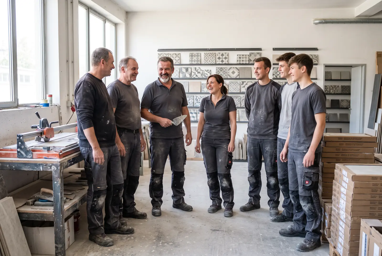 Sieben Leute in grauer Arbeitskleidung in einer hellen Werkstatt mit Fliesenmustern an der Wand, links der Meister mit einer Kelle in der Hand