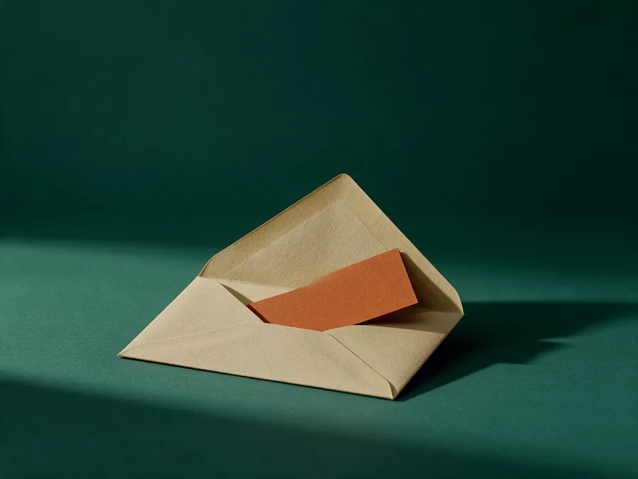Ein offener Briefumschlag aus sandfarbenem Papier, die Lasche zurückgeschlagen, darin sichtbar eine Karte in Terrakotta