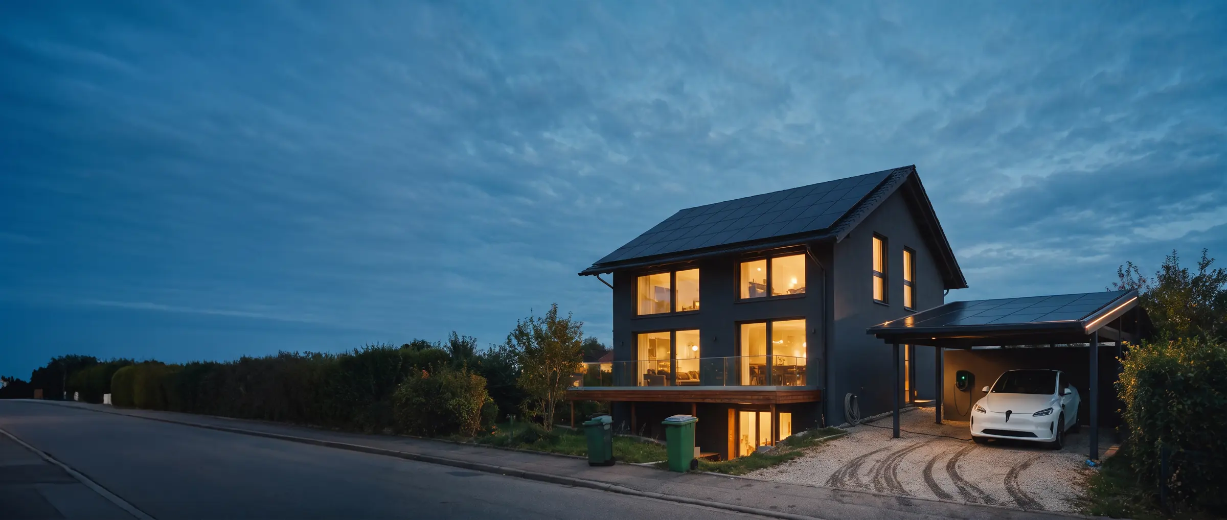 Dunkles Einfamilienhaus mit schwarzem Solardach in der blauen Stunde, die Fenster warm erleuchtet; daneben ein Solarcarport, darunter lädt ein weißes Elektroauto an der Wallbox